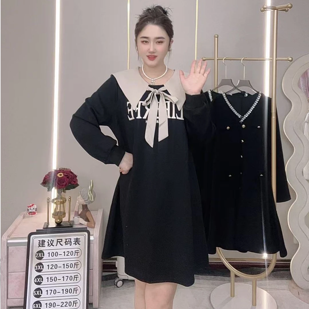 春季新款海军领系带大码宽松显瘦遮肉时尚气质连衣裙