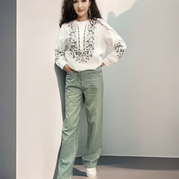 梨形身材烫钻阔腿牛仔裤女2025春秋新款大码胖mm高腰显瘦直筒长裤