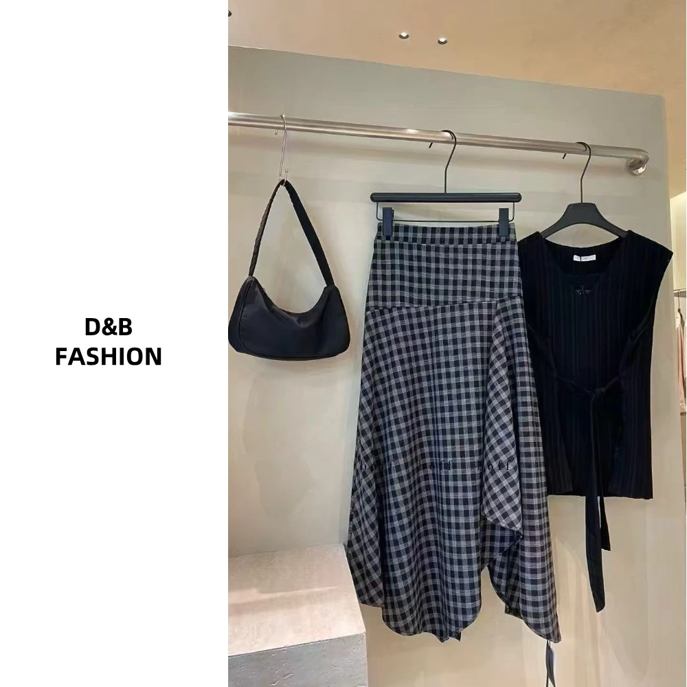 新款不规则黑色格子百搭半身裙