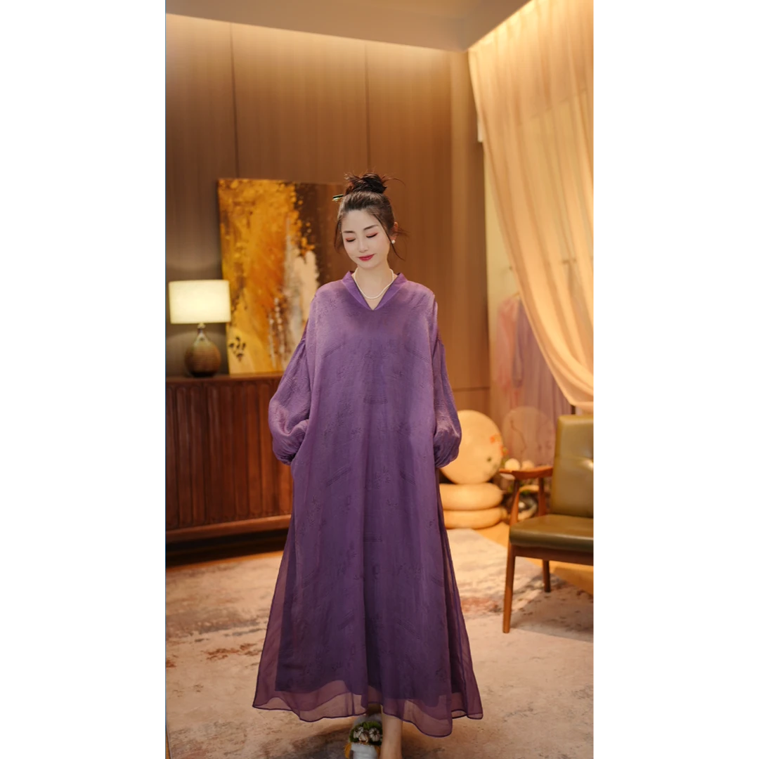 彬壹冉原创设计植物染色桑蚕丝花萝泡泡袖长款夏季复古连衣裙5870