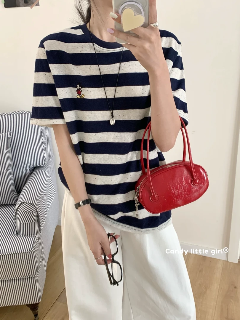 不晚家-【M奇刺绣条纹】夏季冰感亚麻棉条纹短袖女士百搭正肩显瘦