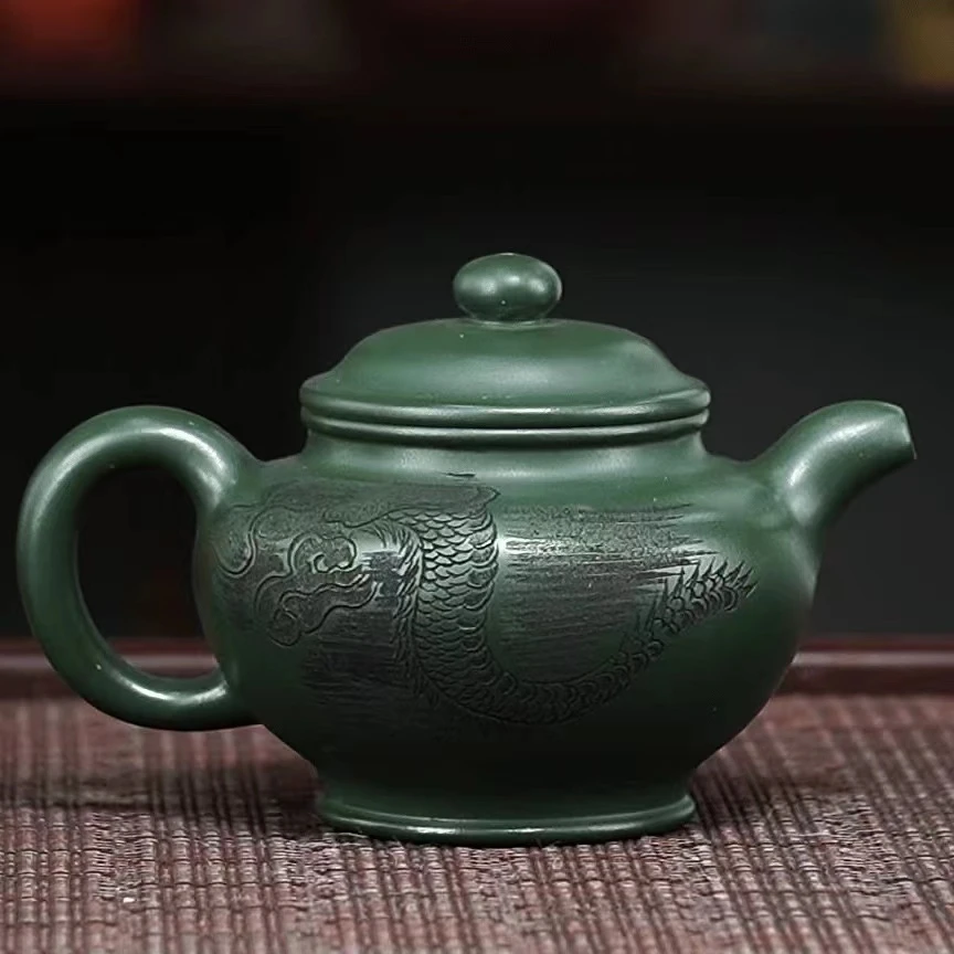 宜兴紫砂墨绿泥游龙大亨掇只壶