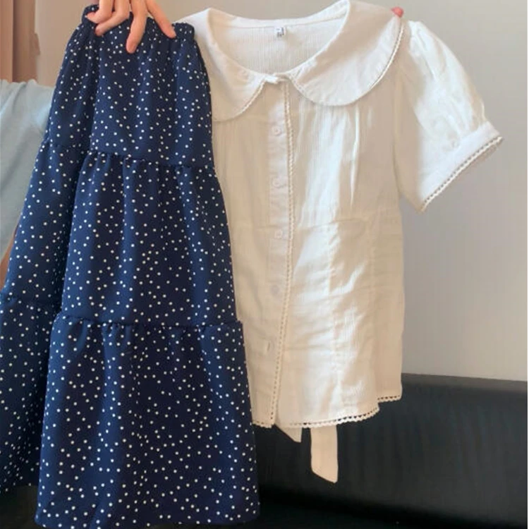 夏季新款韩系甜美减龄学院风娃娃领绑带衬衫碎花半身裙两件套2025