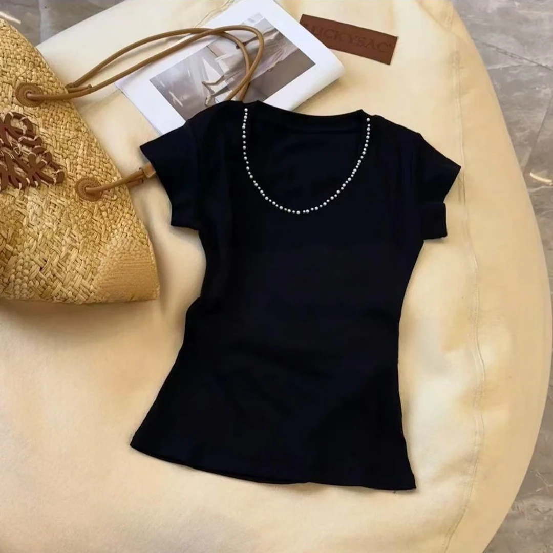 韩版百搭2025年时尚显瘦珍珠领口针织短袖百搭纯色上衣W1-72