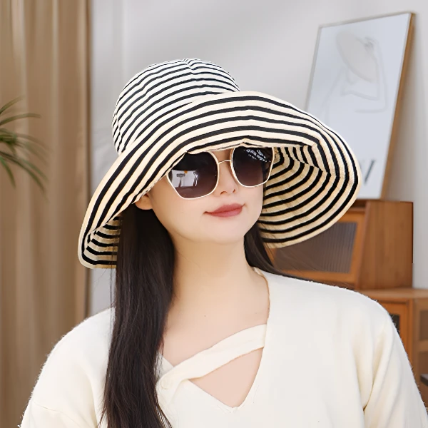韩版夏季户外出游时尚百搭条纹大帽檐帽子渔夫帽女ins可卷遮阳帽