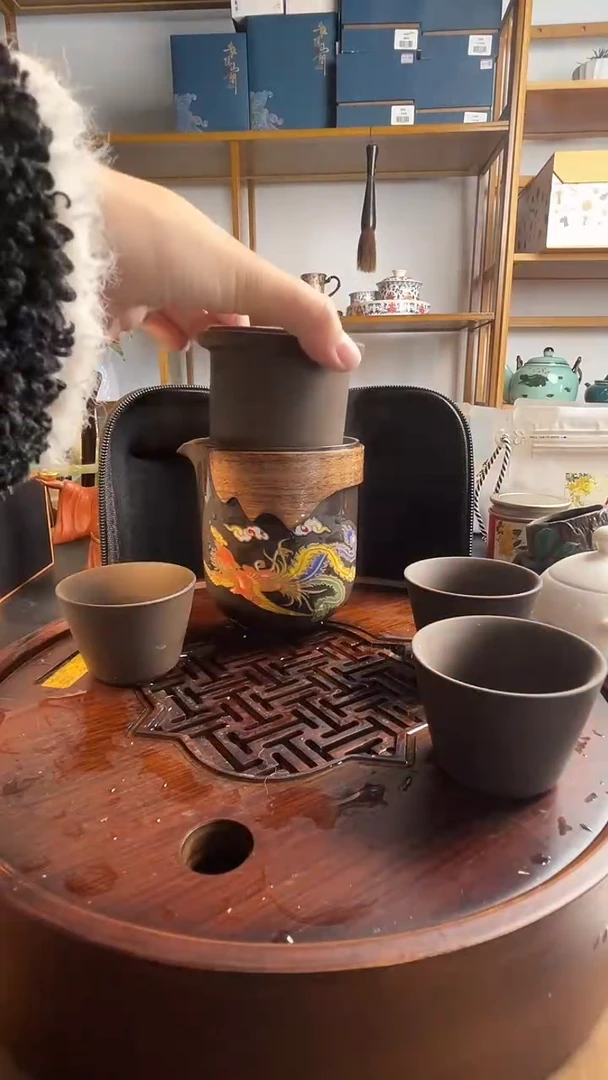 原矿紫砂预热变色龙凤一壶三杯旅行茶具