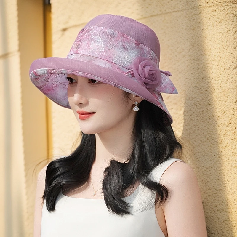 夏季新款帽子女时尚欧根纱太阳帽夏天遮阳渔夫帽气质妈妈防晒帽薄