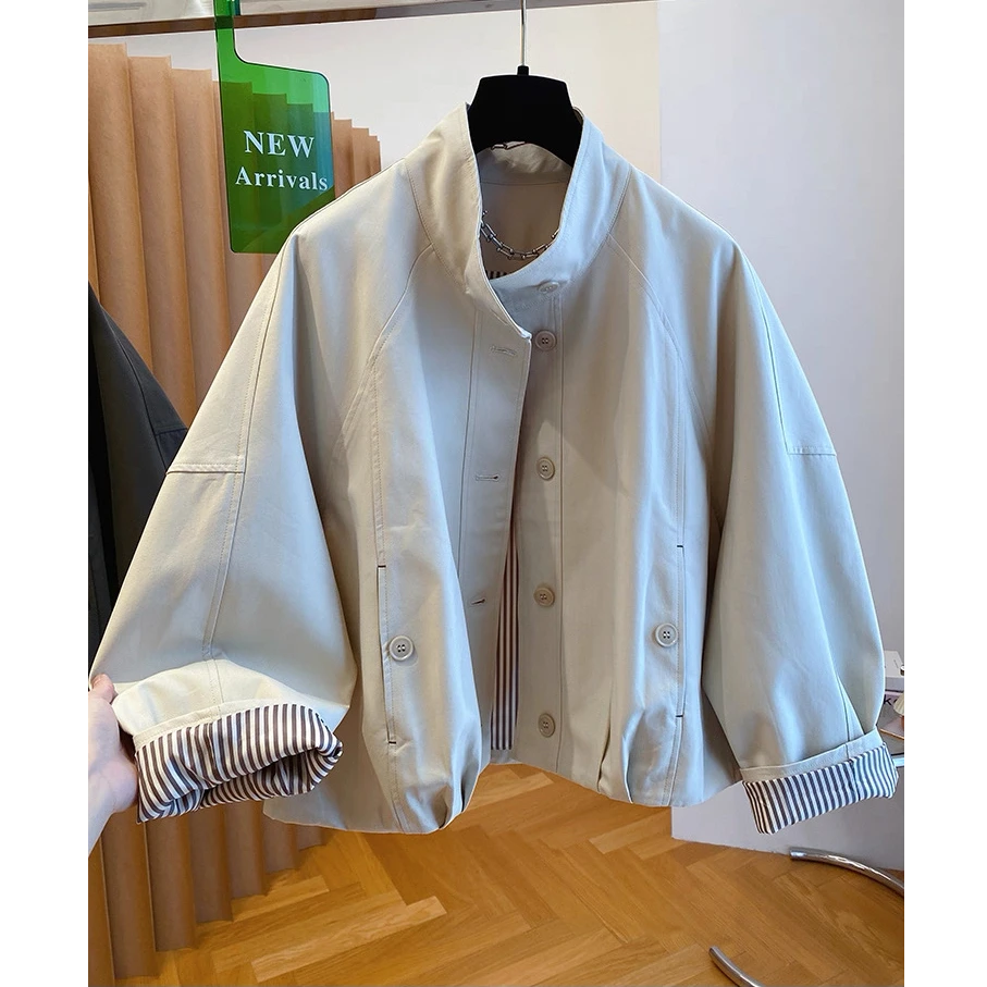 欧货英伦风立领夹克外套女2025新款宽松休闲内里条纹短款风衣上衣