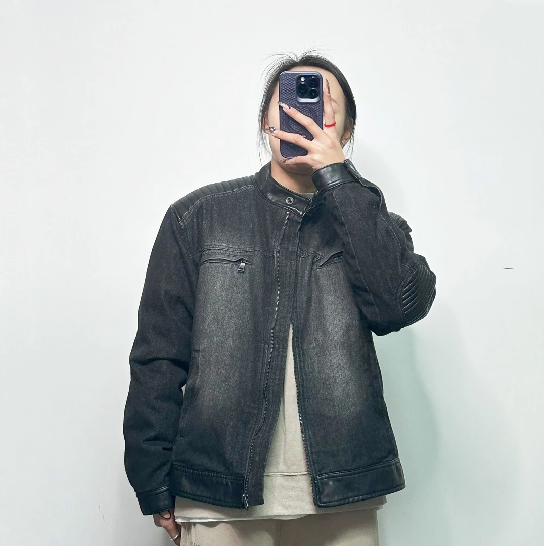 【阿海家】韩单 复古水洗做旧黑色拉链装饰牛仔短款机车立领外套