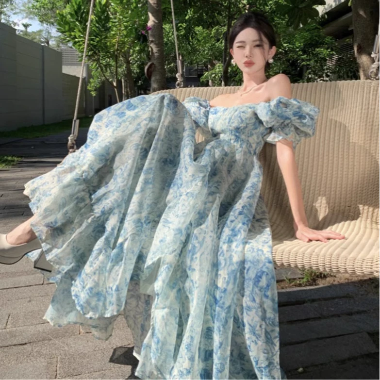 大拖尾仙女气质蓬蓬碎花连衣裙女成人礼生日穿搭超仙海边度假长裙