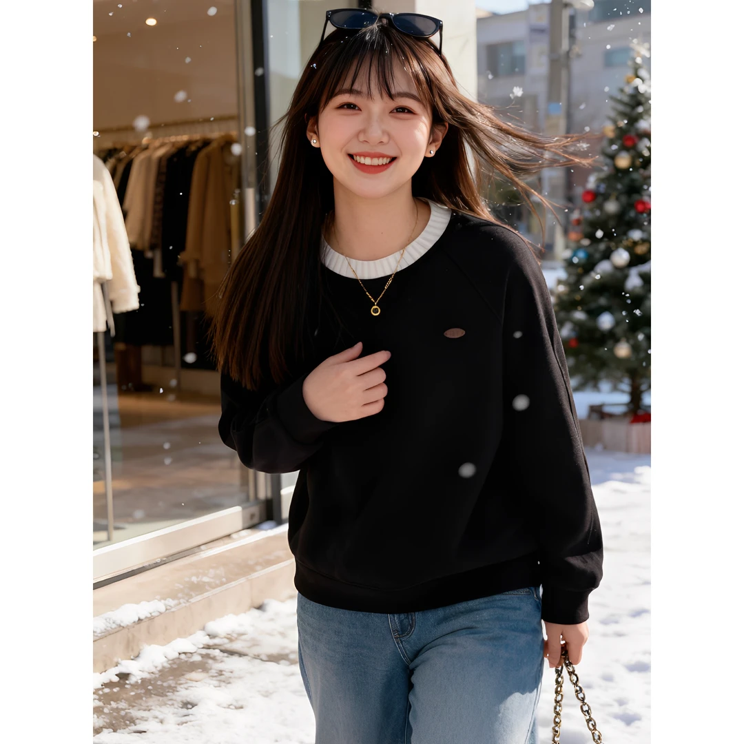 女装 胸114-138仿羊绒贴标拼接圆领加绒卫衣8253#