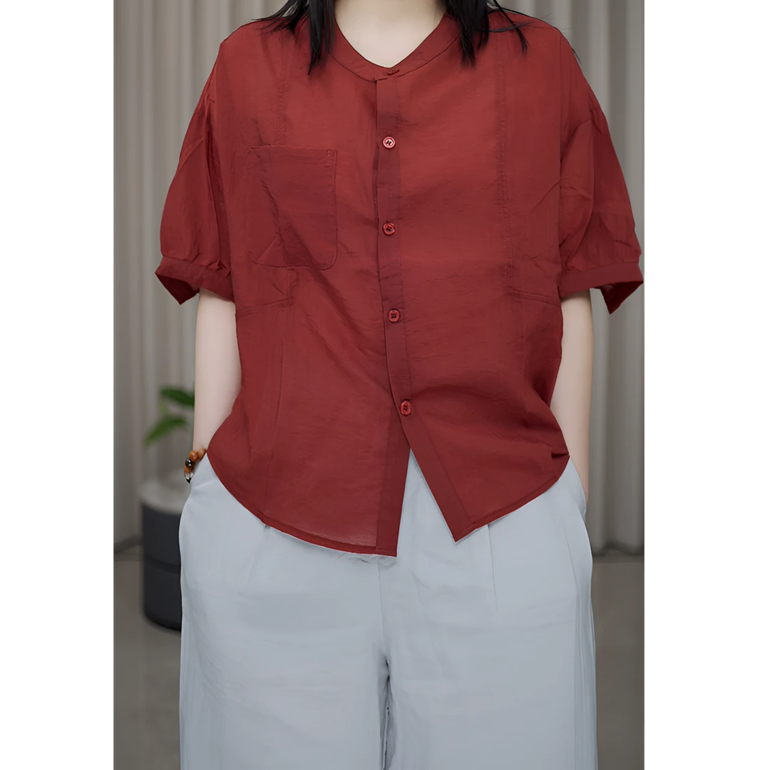 22557休闲夏季圆领纯色百搭薄款宽松文艺衬衫显瘦复古小众