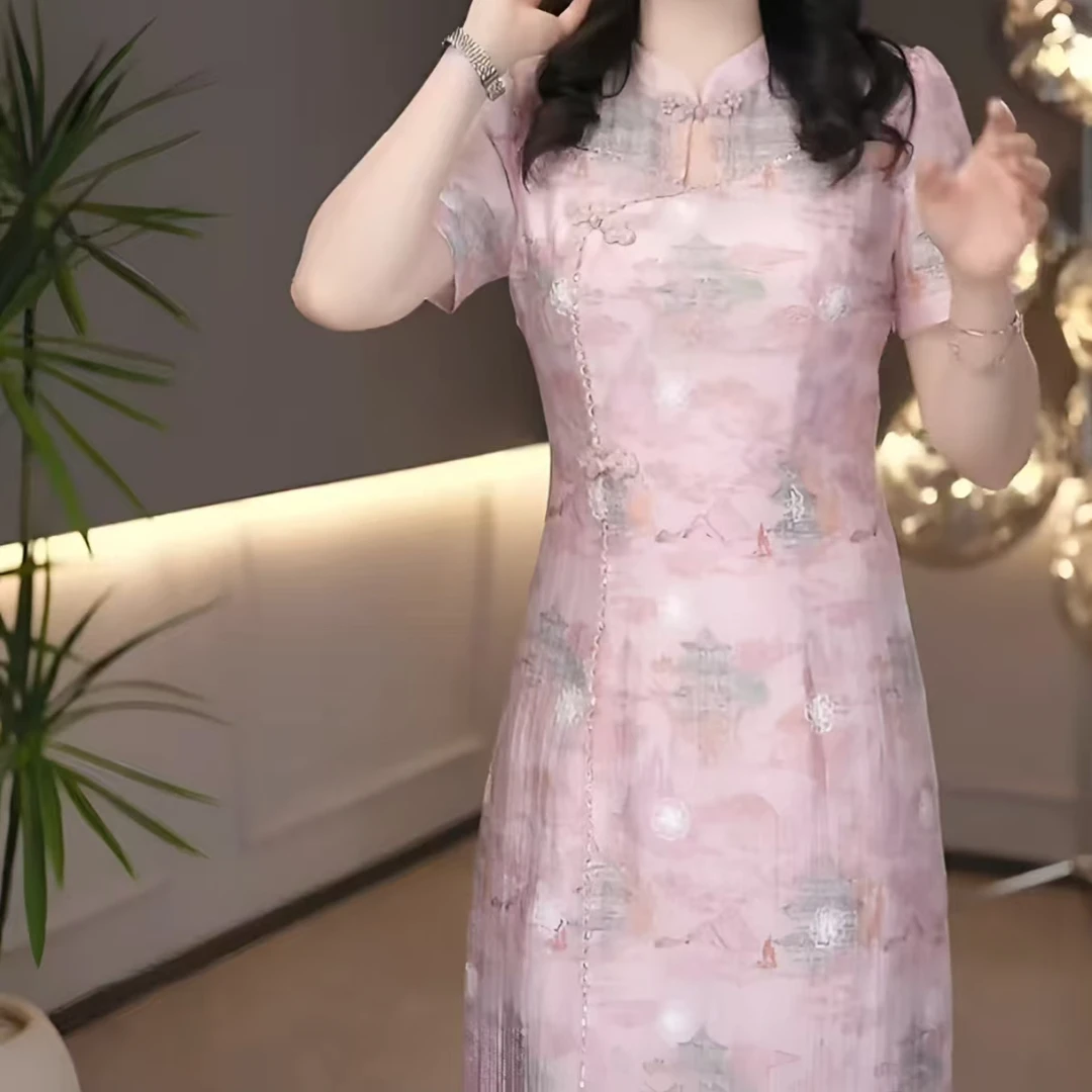 高腰立领秋季夏季立领碎花改良旗袍连衣裙显瘦时尚