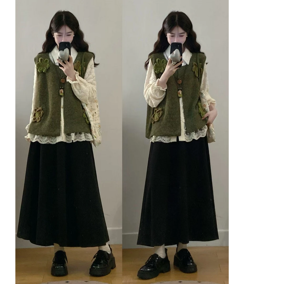 大码女装胖mm新款秋冬百搭毛衣背心马甲+蕾丝花边衬衣+半身裙套装