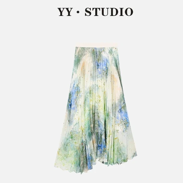 夏季新款气质复古晕染高腰显瘦不规则百褶半身裙A字中长裙子1085