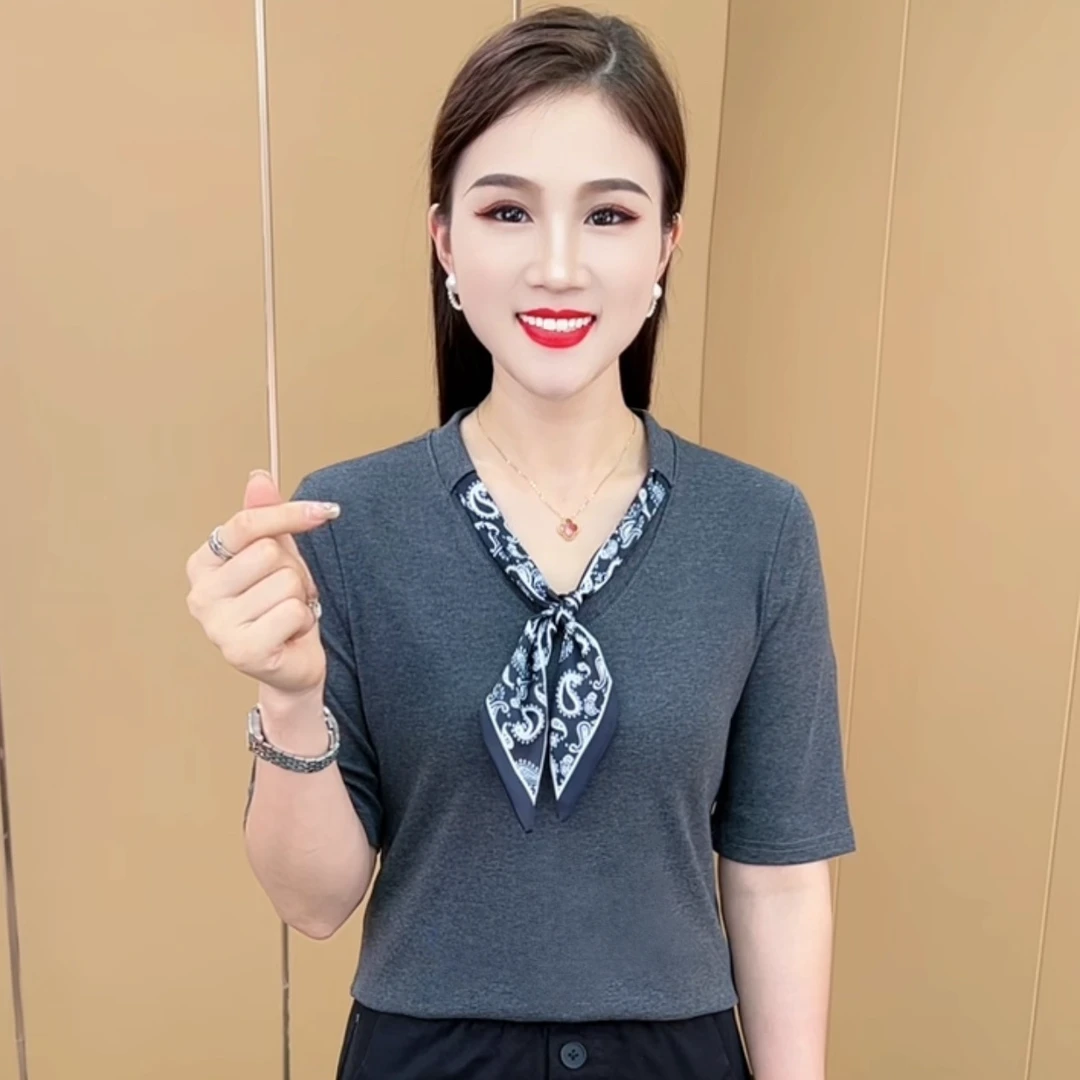 夏季新款时尚V领纯色系带领结设计洋气t恤休闲百搭中袖上衣M8976
