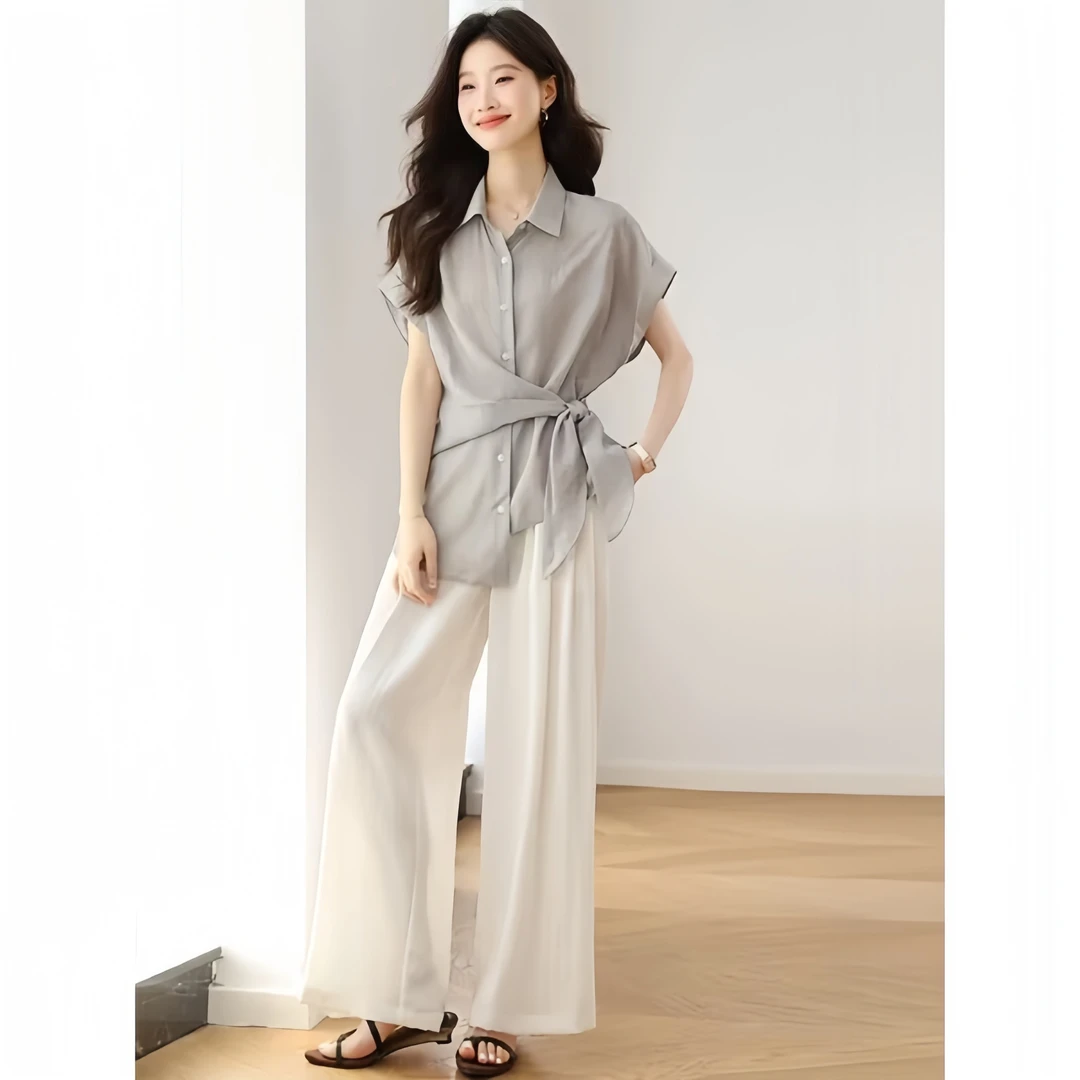 亚麻套装女夏季2025设计感洋气休闲短袖衬衫阔腿裤两件套