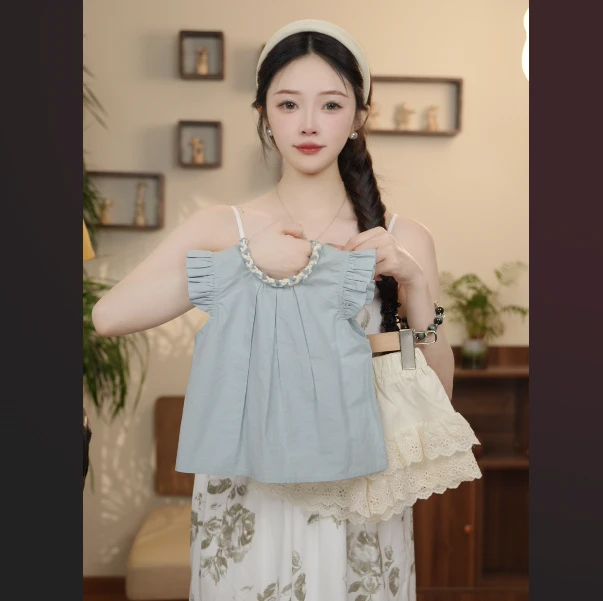 【YN童品】女童夏款甜美小清新风套装天空蓝两件套宽松蕾丝时尚洋气