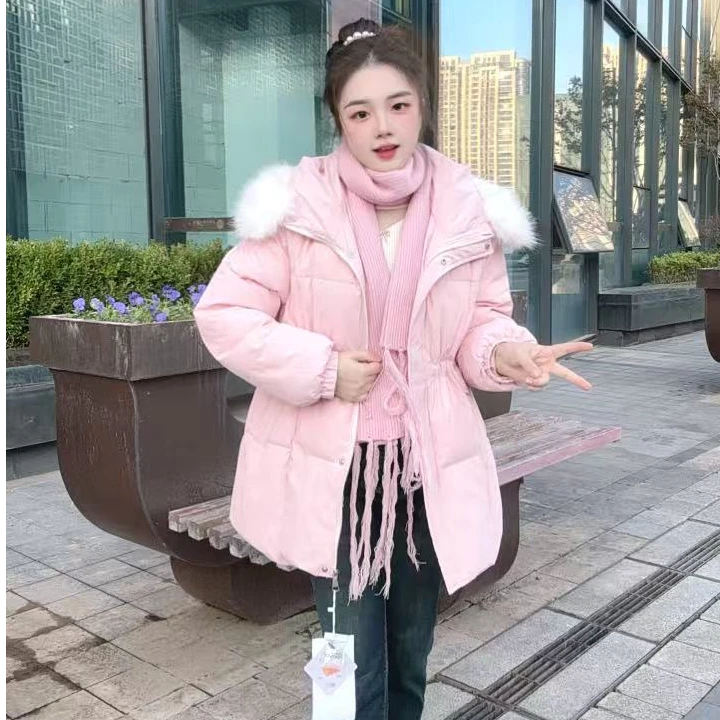 中长款羽绒服女2025年新款冬季连帽围巾保暖韩版收腰石墨烯云绒服