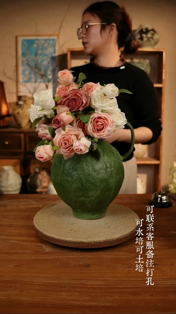 陶瓷291绿色双耳大肚瓶可水培可土培