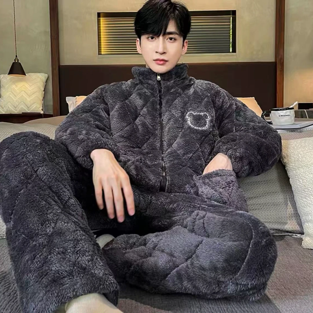 珊瑚绒睡衣男士秋冬季加厚加绒三层夹棉袄男款冬天保暖家居服冬款