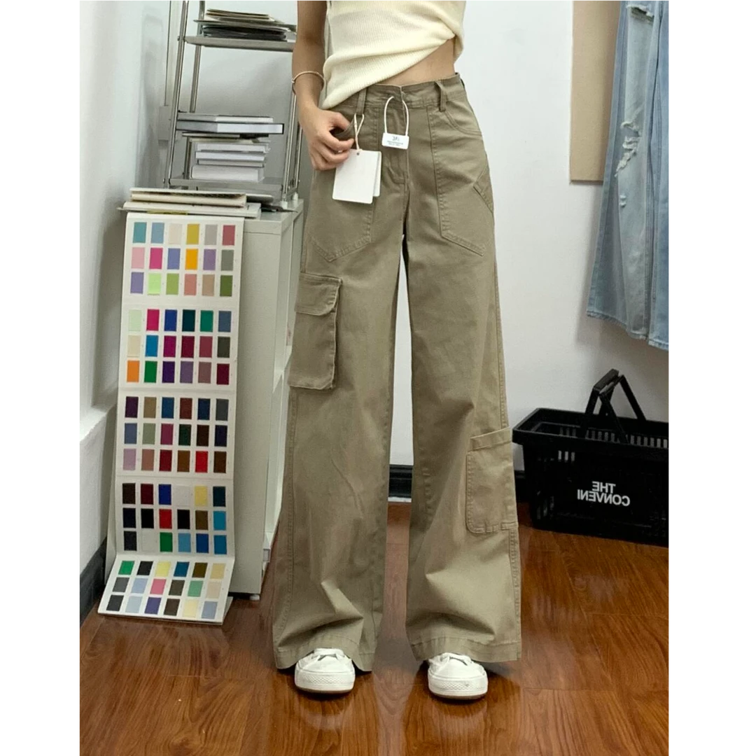 早秋新款卡其色宽松多口袋牛仔裤女高腰显瘦工装裤拼接阔腿拖地裤