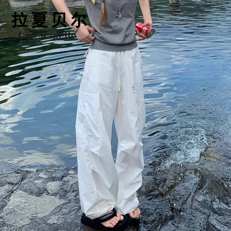 拉夏贝尔白色工装裤女2025新款夏洋气高腰宽松阔腿休闲登山运动裤
