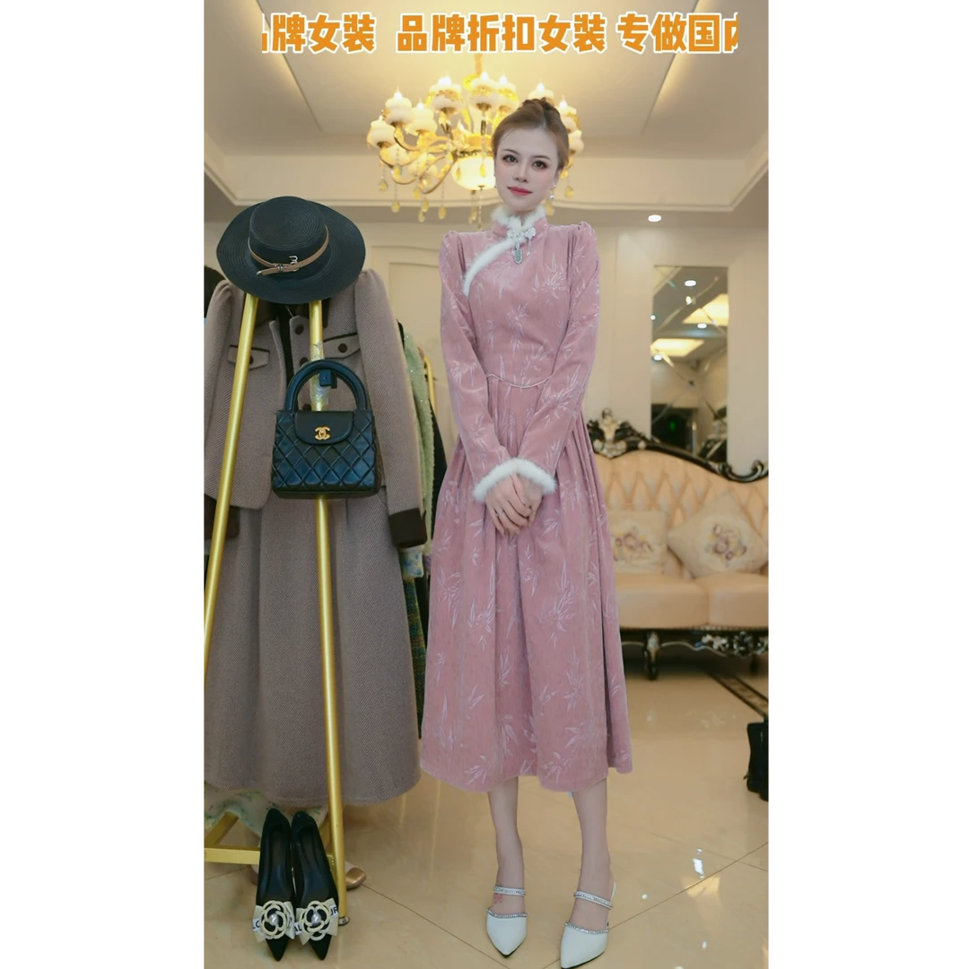 梦想服饰新中式国风改良旗袍连衣裙女秋冬季温婉年轻长裙5025