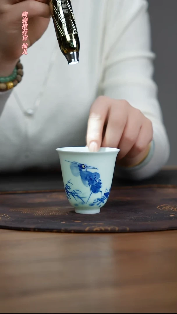 宁封窑青花写意花鸟单杯