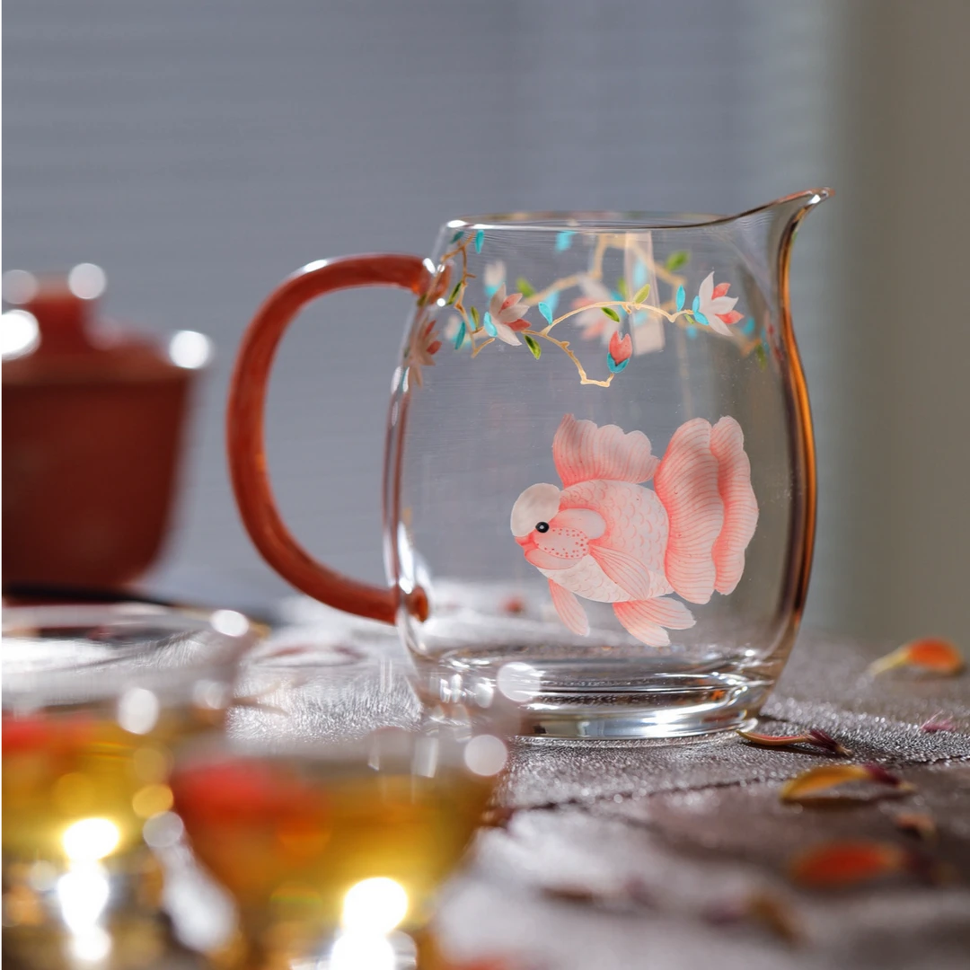 物肆禾器联名款玉兰兰寿鱼公道杯350ml 手绘高硼硅玻璃金鱼公道