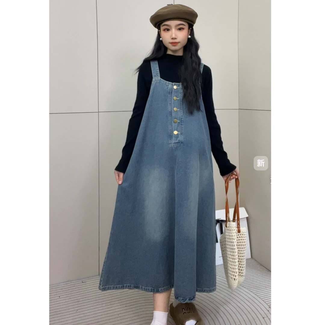 xiaobu~孕妇2025早秋新款韩版时尚宽松显瘦牛仔吊带连衣裙套装