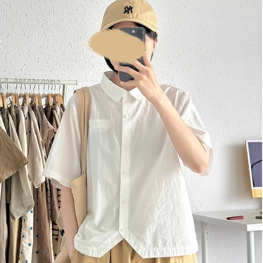 1122休闲衬衣女2025夏季新款小圆领精致薄款衬衫棉质短袖日系上衣