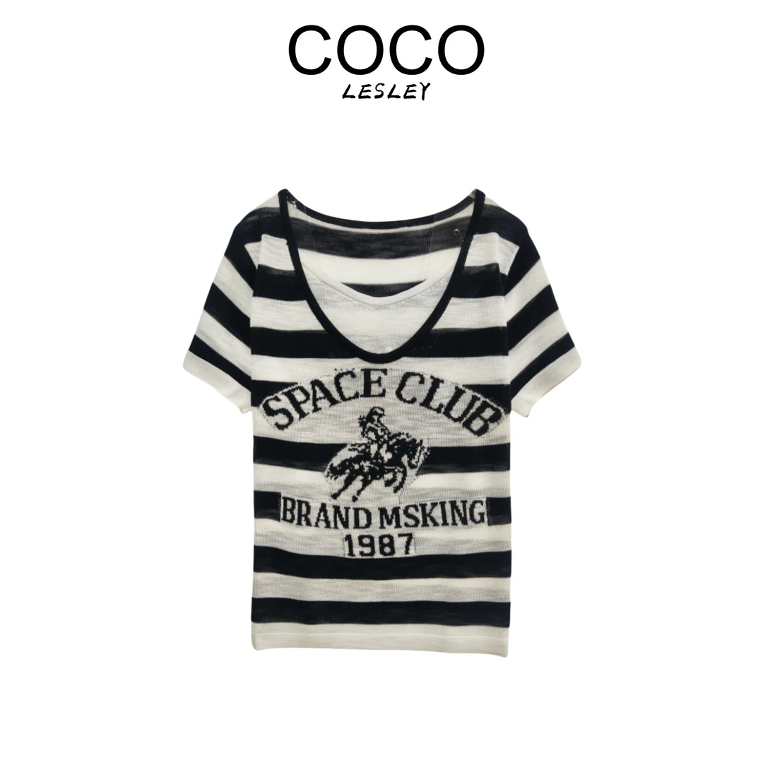 天丝亚麻复古条纹字母印花短袖针织衫msl444