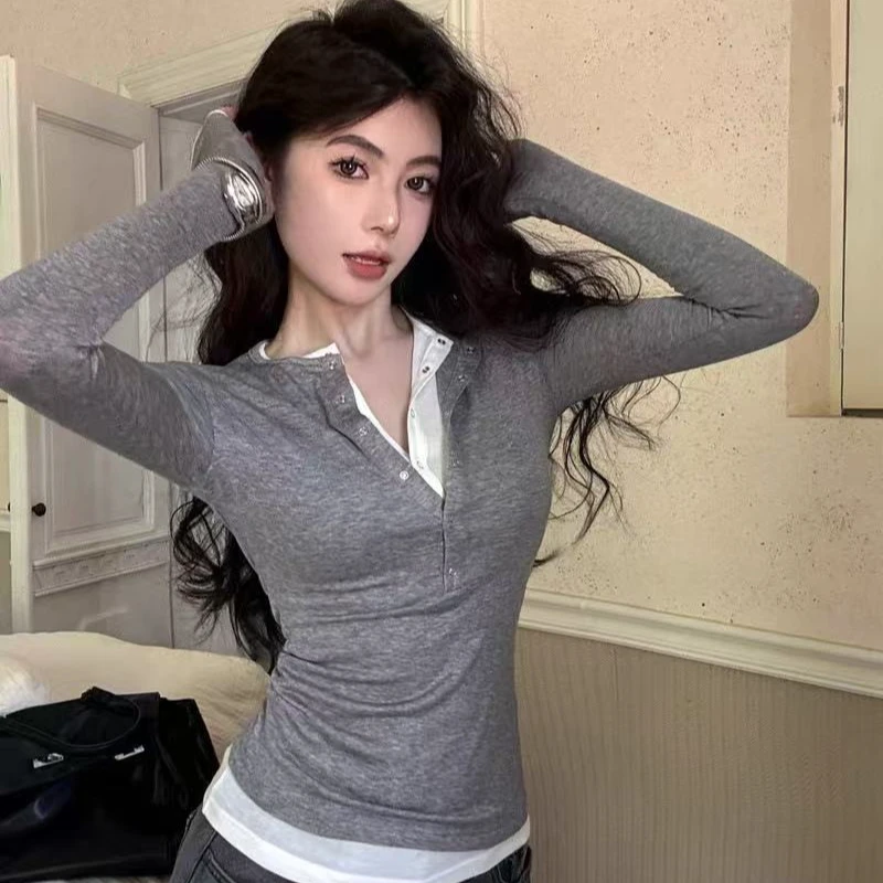 假两件拼接撞色长袖t恤女秋季打底衫