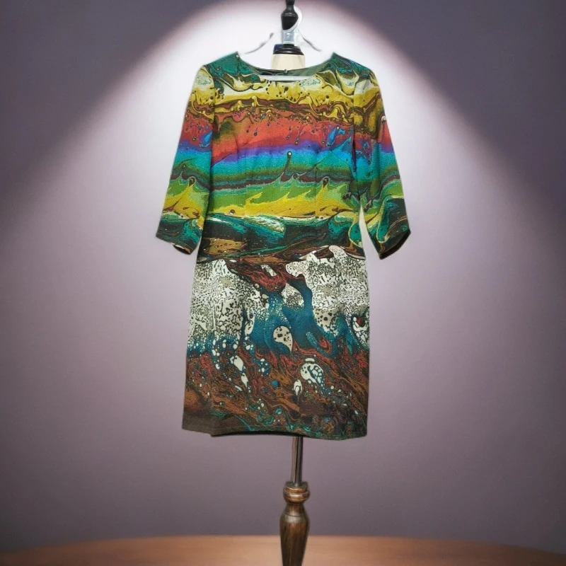 秋季气质圆领花色宽松连衣裙A398