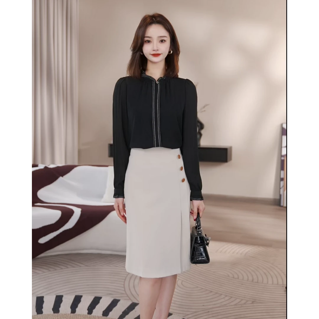 MAN BEI黑色衬衫女小众百搭新款时尚长袖法式休闲8491317【佳莹】