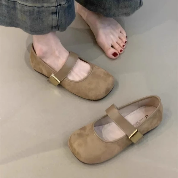 啄木鸟复古绒面浅口单鞋女2025新款韩版温柔仙女风软平底玛丽珍鞋