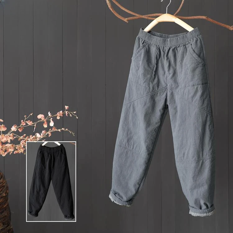 文艺素雅棉麻纯色裤子女冬季夹棉加厚长裤宽松显瘦棉裤小脚萝卜裤