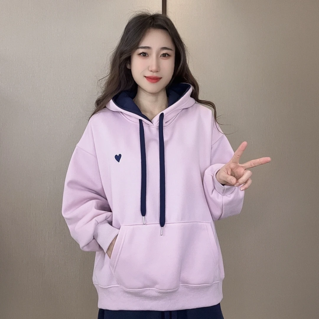 刺绣爱心撞色帽子带兜卫衣休闲百搭连帽宽松秋冬加绒加厚韩版