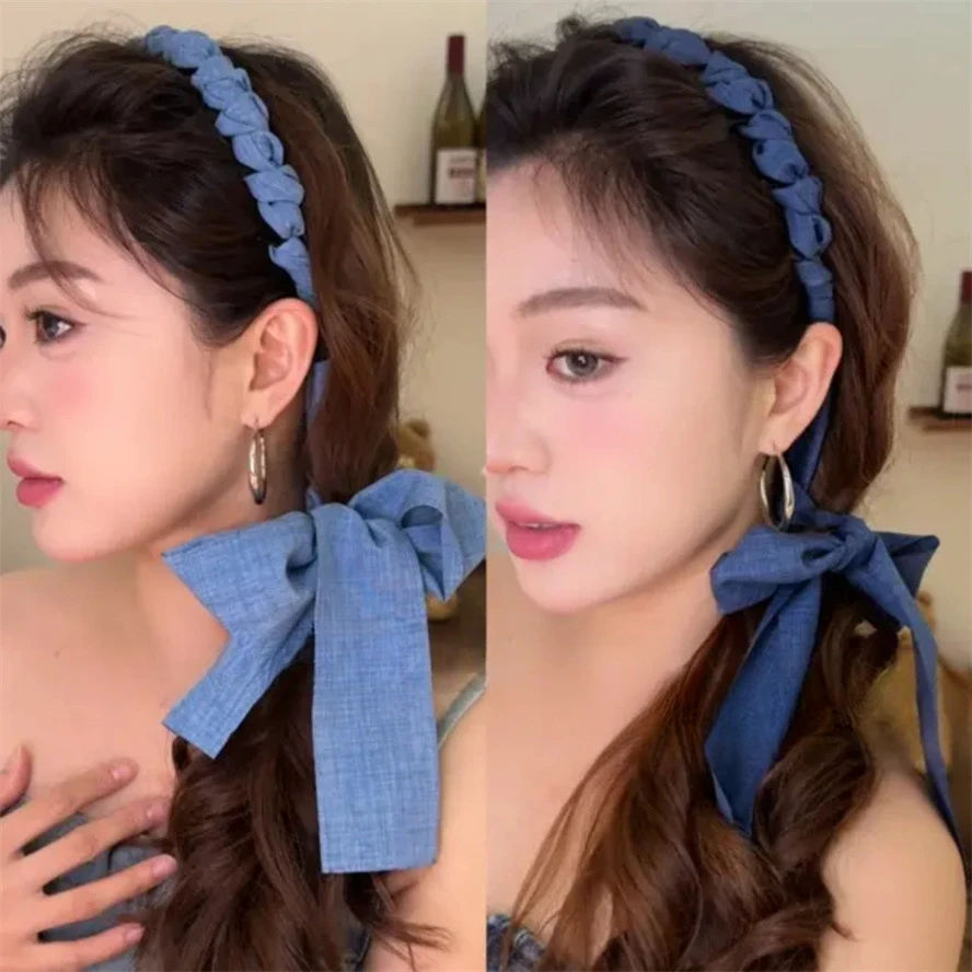 牛仔飘带～新款夏日清凉感麻花纽结甜辣少女全扎齿梳飘带发箍