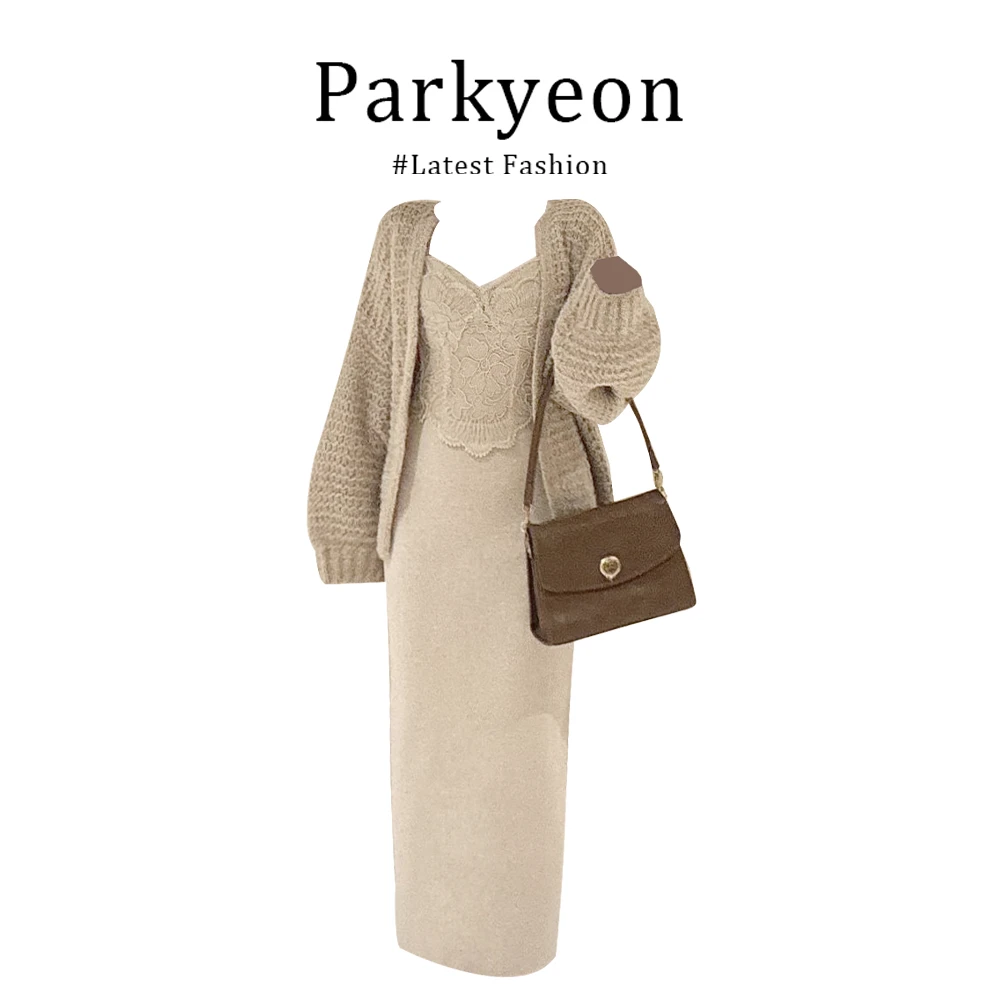 MARIE.COCO纯欲辣妹风毛衣开衫外套蕾丝背心秋冬修身包臀裙三件套