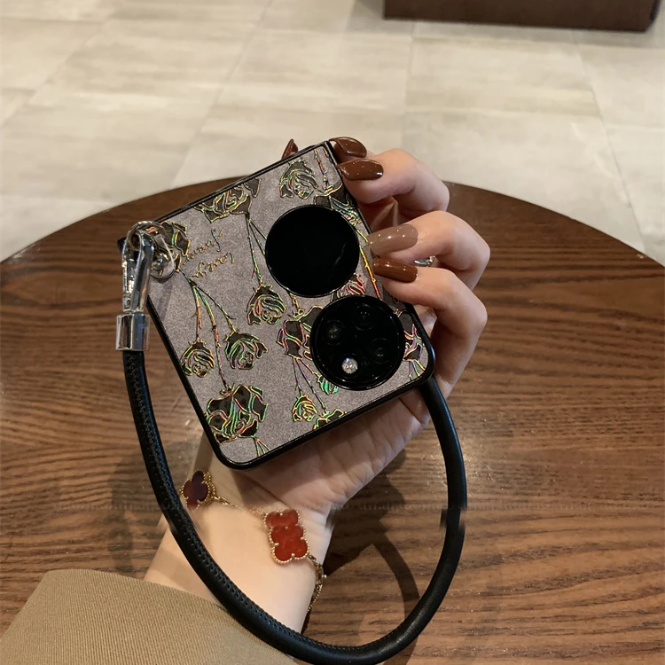 烫金玫瑰花黑手提链适用华为pocket2手机壳novaflip奢华高级感p50