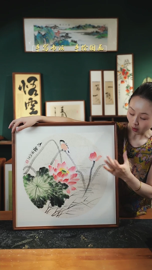 国画CL荷花-单只鸟52×52㎝手绘实木