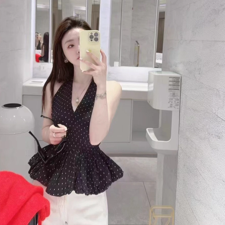 2025夏季新款女装法式气质波点挂脖系带露背收腰吊带衫上衣