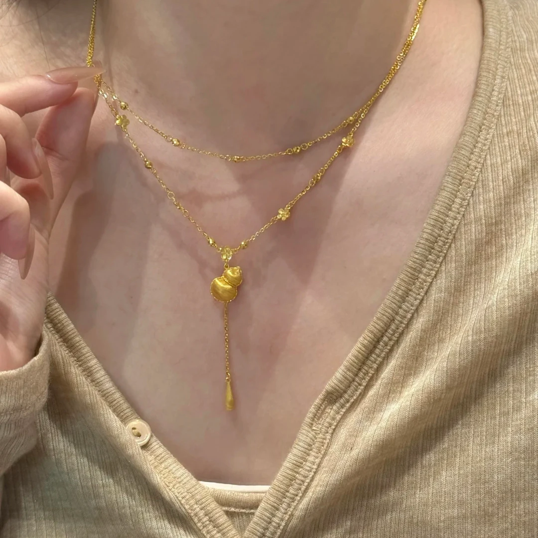 铜合金项链 古法传承福禄生花新中式双层葫芦项链轻奢百搭锁骨链