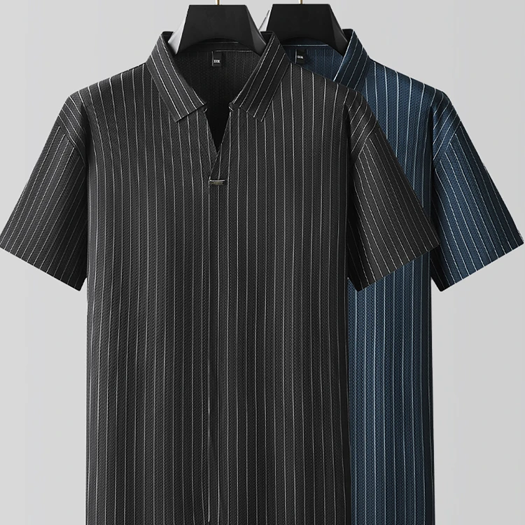高大胖大码男装夏季竖条纹短袖T恤加肥加大翻领冰感透气POLO衫