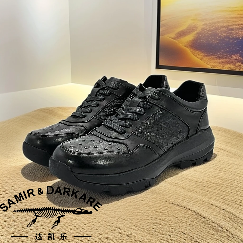 758秋冬款鸵鸟皮环保橡胶厚底轻便舒适真皮男士休闲皮鞋百搭透气