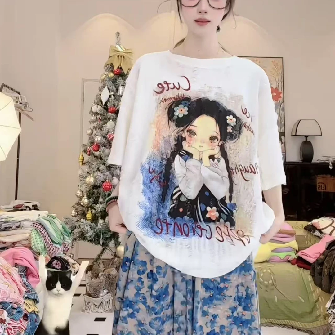 大码宽松国风阔腿裤套装拖脸小女孩短袖蝴蝶兰裤子遮肚子减龄穿搭