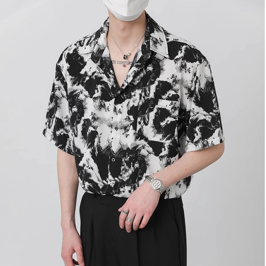 夏季上衣韩国宽松高级垂感新款短袖衬衫男装潮流痞帅水墨免烫衬衣