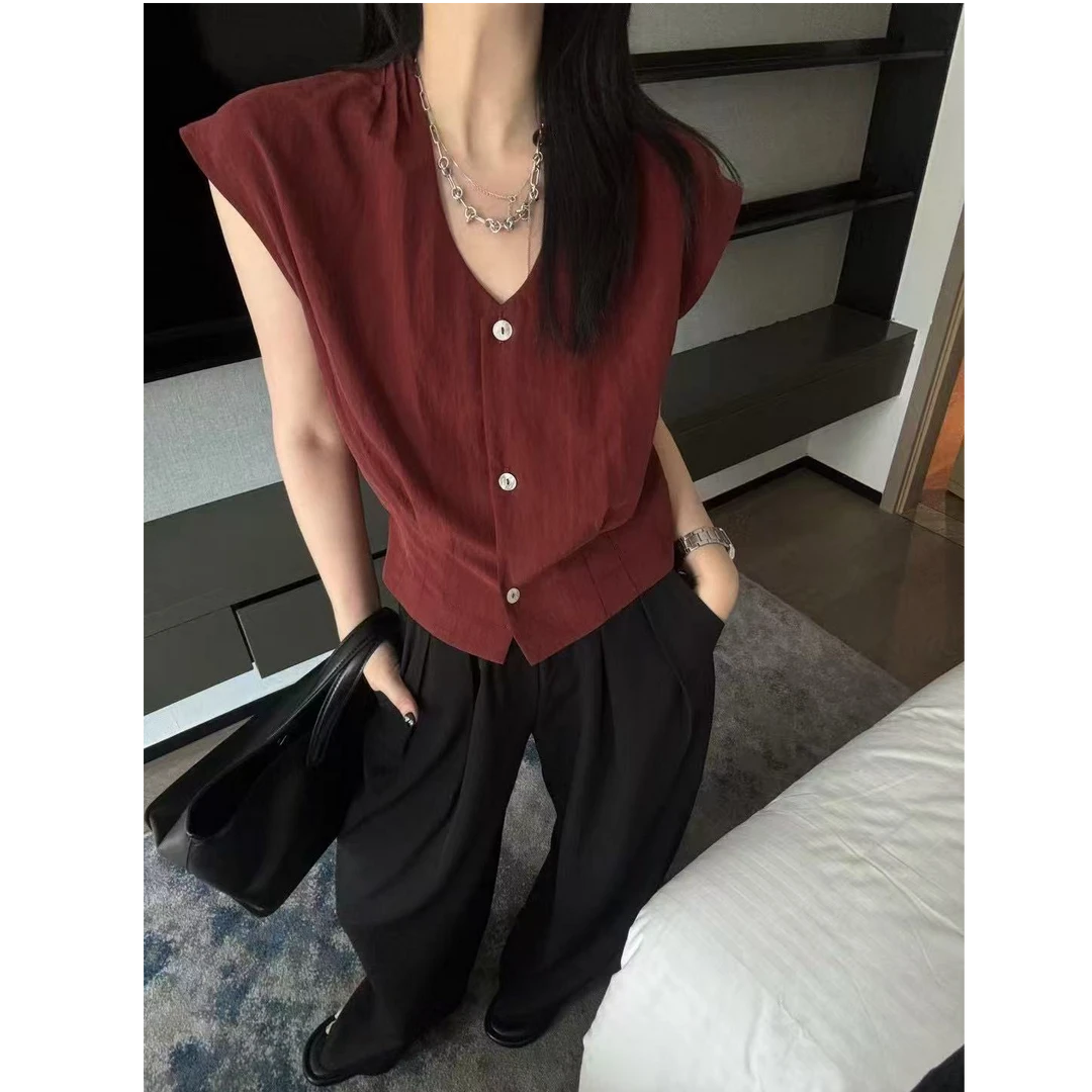 117 宽松型V领纯色无袖夏季薄款衬衫气质圆领上衣【蓝羽】